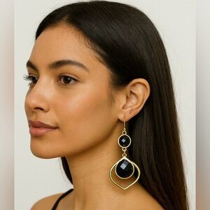 Gold & Black Statement Dangle Earrings – Modern Chic, New On Card